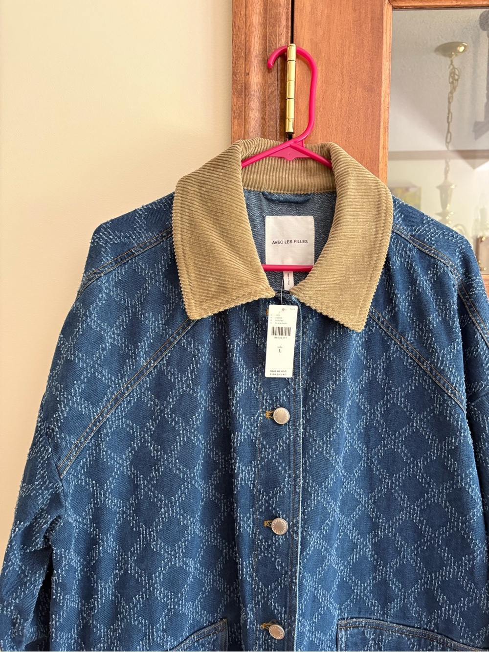 Avec Les Filles Anthropologie Diamond-Pattern Denim Barn Jacket size Large - Picture 5 of 8